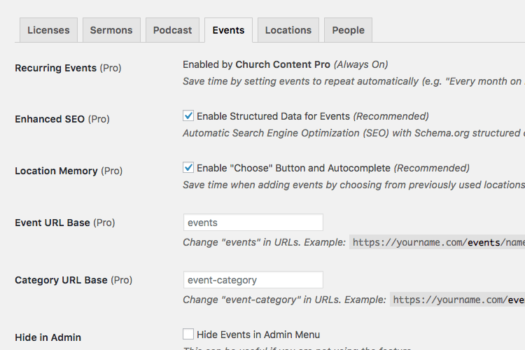 Events setting for Church Content plugin